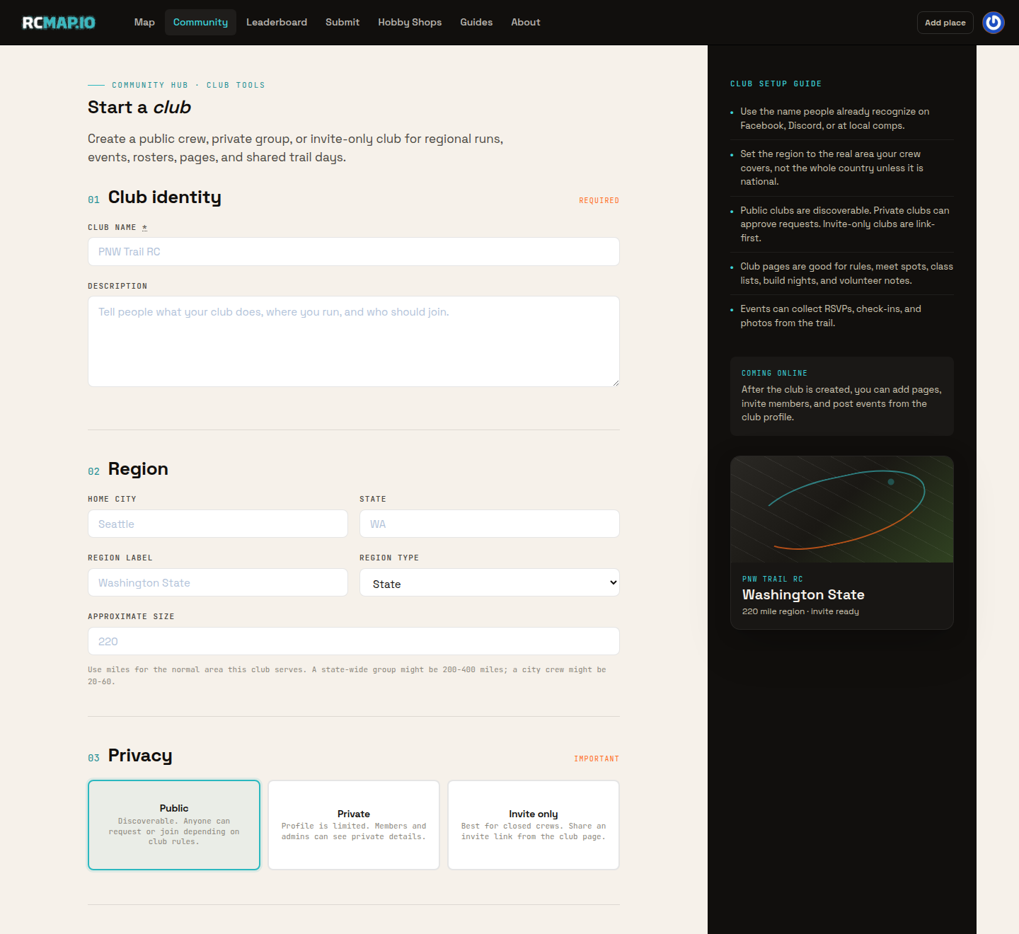 RCMap web club creation form showing club identity, region, privacy, and links fields.