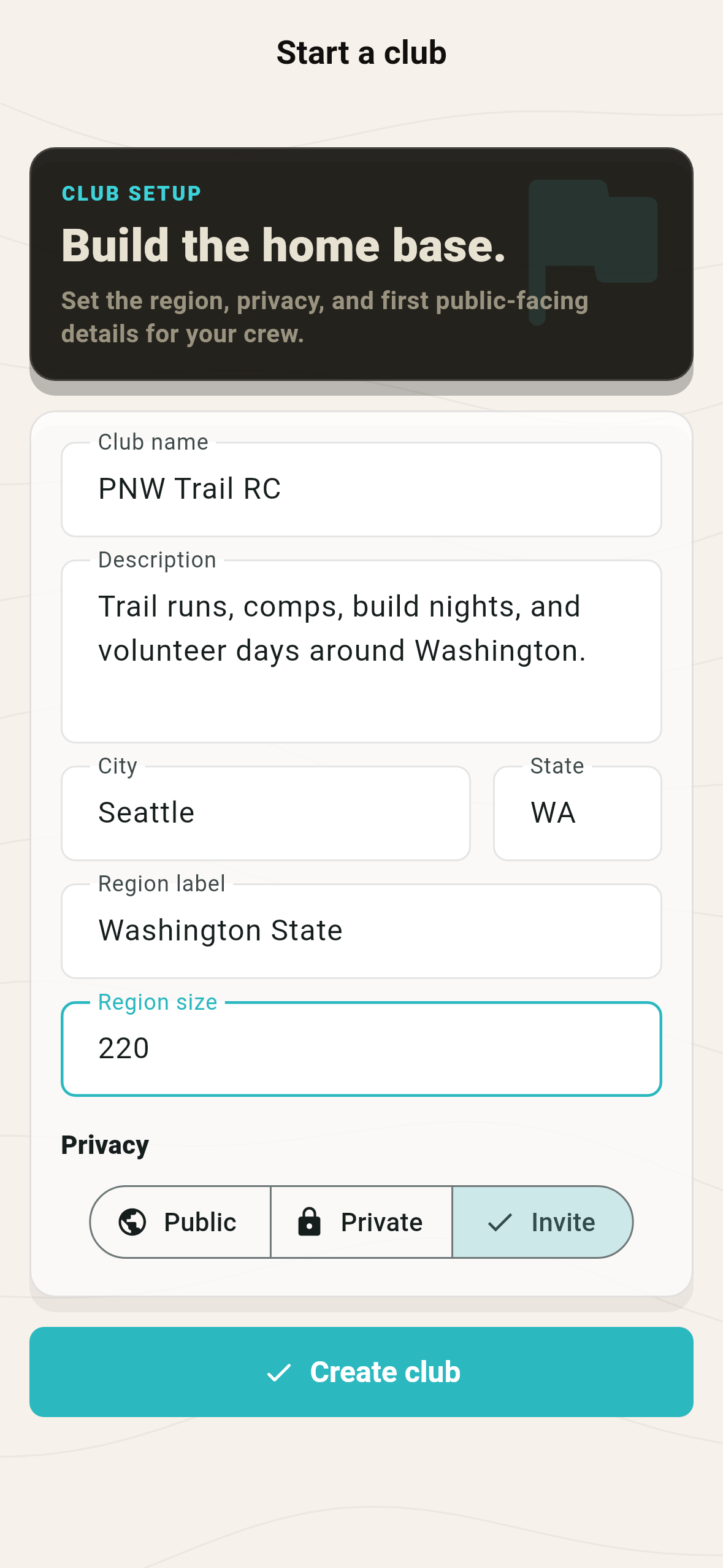 RCMap mobile Start a club form showing Public, Private, and Invite privacy options.