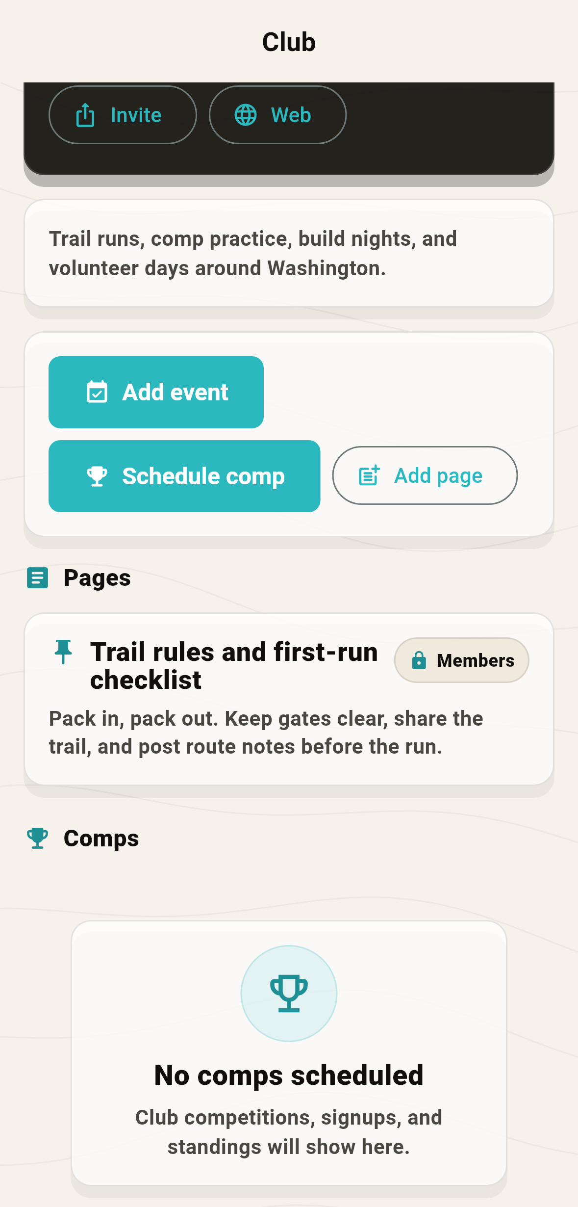 RCMap mobile club detail screen showing Invite, Add event, Schedule comp, and Add page actions.