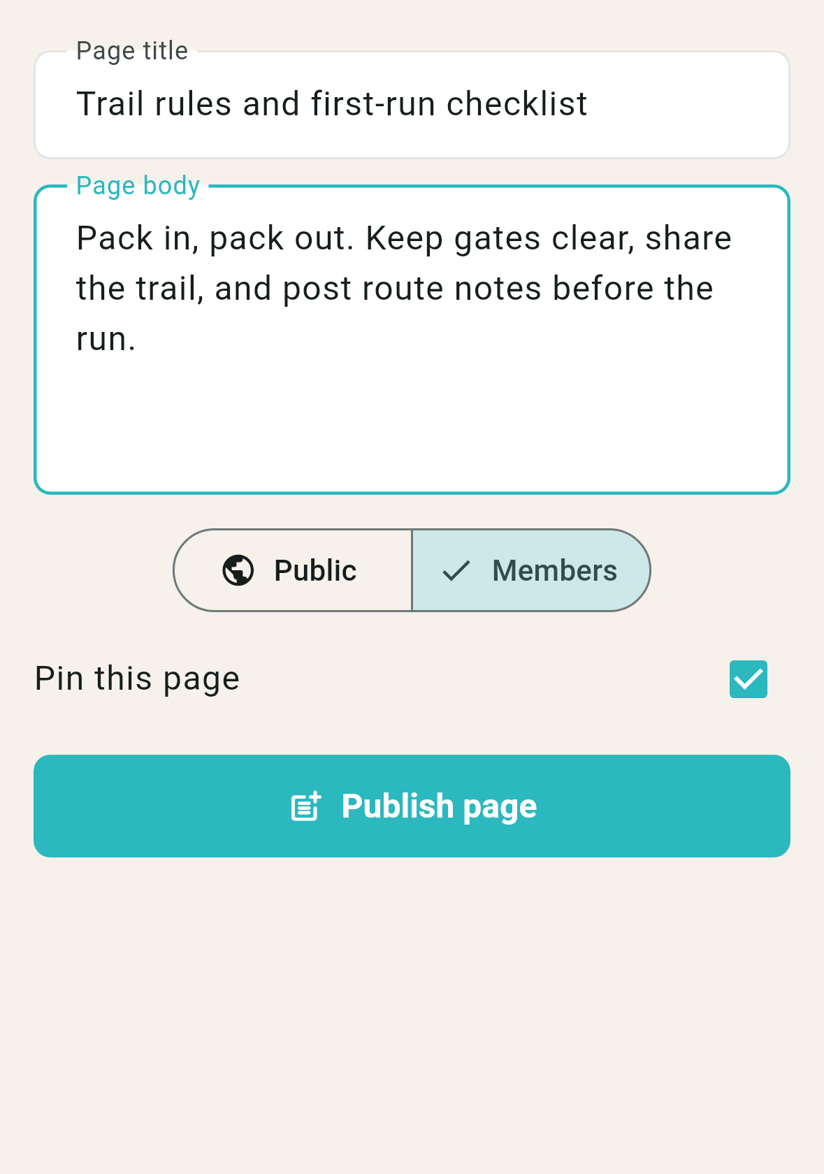 RCMap mobile Add page sheet with page title, page body, visibility, pin, and Publish page controls.