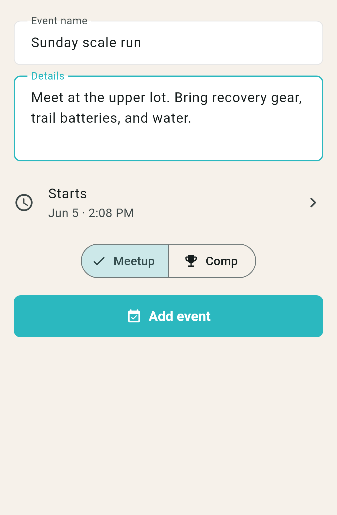 RCMap mobile Add event sheet with event name, details, start time, Meetup and Comp choices, and Add event button.