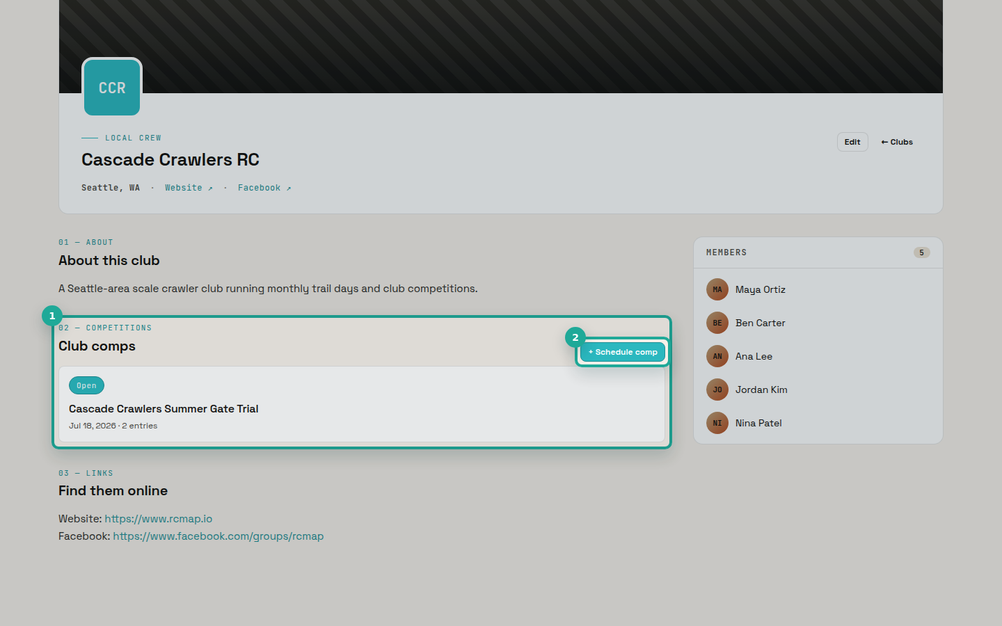 The RCMap club page with the Schedule comp button highlighted in the Club comps section.