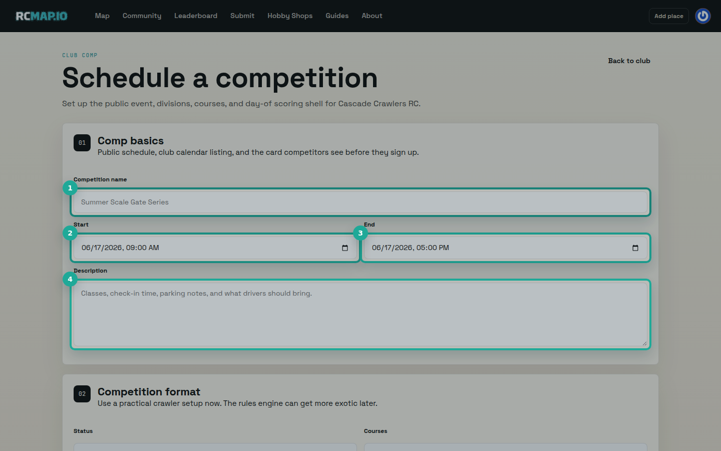 The Schedule a competition form with Competition name, Start, End, and Description highlighted.