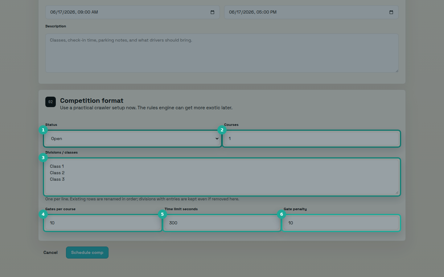 The Competition format section showing Status, Courses, Divisions/classes, Gates per course, Time limit seconds, and Gate penalty fields.