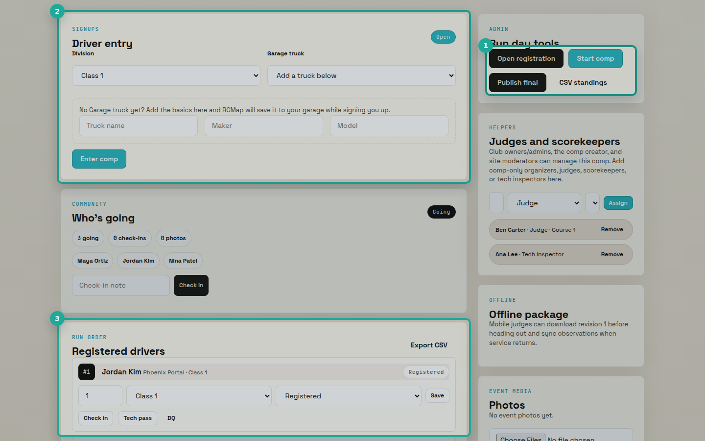 The competition page showing Open registration, Driver entry, and Registered drivers controls highlighted.