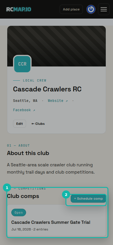 The mobile RCMap club page with the Club comps card and Schedule comp button highlighted.