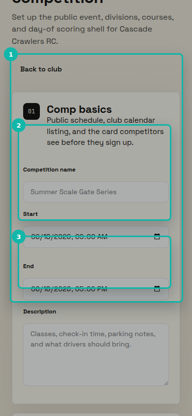 The mobile Schedule a competition form with Competition name, Start, End, and Description highlighted.