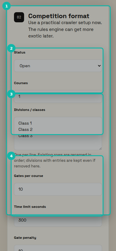 The mobile Competition format section showing Status, Courses, Divisions/classes, Gates per course, Time limit seconds, and Gate penalty fields.