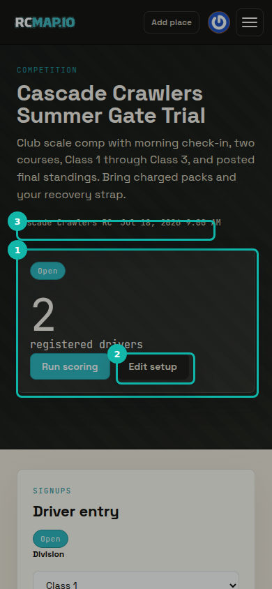 The mobile competition page with the Open status chip, registered driver count, Edit setup button, and event metadata highlighted.