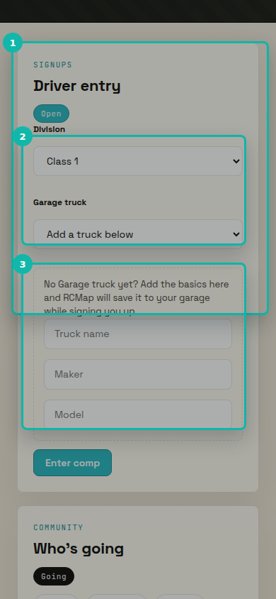 The mobile competition page showing Driver entry and Registered drivers controls highlighted.