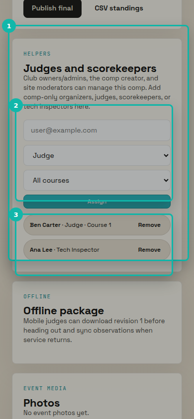 The mobile Judges and scorekeepers panel with email, role, course, assigned helpers, and Assign controls highlighted.